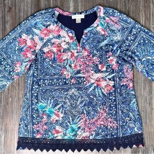 Christopher & Banks Pink and Blue Flower Boho Blouse with Mandarin Collar